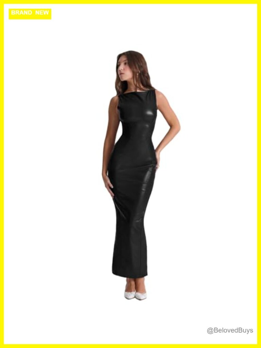 Faux Leather Bodycon Maxi Dress Sleeveless Boatneck Long Formal